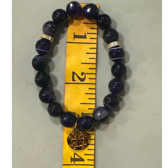 Rustic Cuff PURPLE ONYX BEADS w/ Gold accents & logo Stretch Stacking Bracelet - Picture 10 of 12